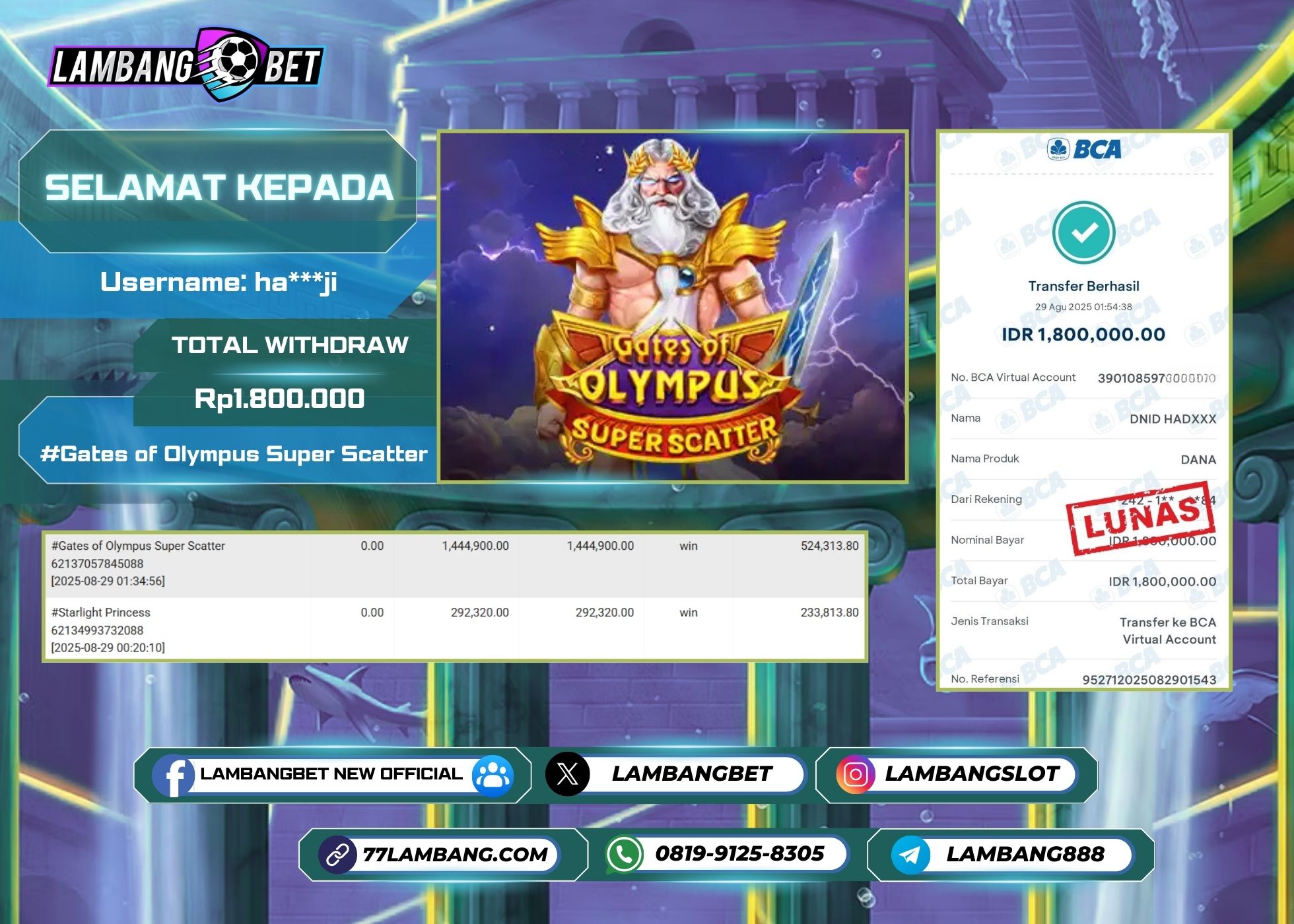 LAMBANGBET [29 AUGUST 2025] JACKPOT SLOT Gates of Olympus Super Scatter "Rp1.800.000" LUNAS